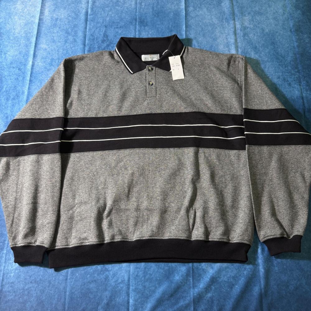 NWT Bill Blass Retro Striped Long Sleeve Polo Sweatshirt Black Gray XL